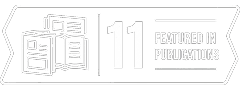 Illustration of stacked magazines on the left, with the number 11 and the words Featured in Publications on the right.