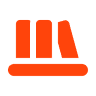 An orange icon of three books standing side by side on a shelf, with the book on the right tilted to the side, on a light background.
