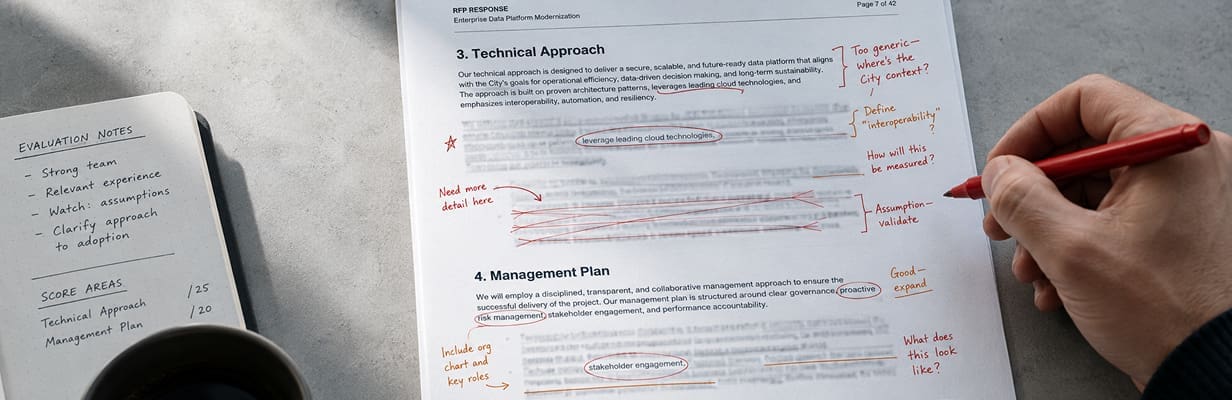 A hand holding a red pen makes notes and edits on a printed document about a technical approach and management plan. A notebook with evaluation notes and scores is open on the left side.