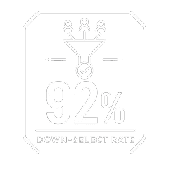 Icon showing a funnel with three people above it and a check mark inside, above the text 92% Down-Select Rate.